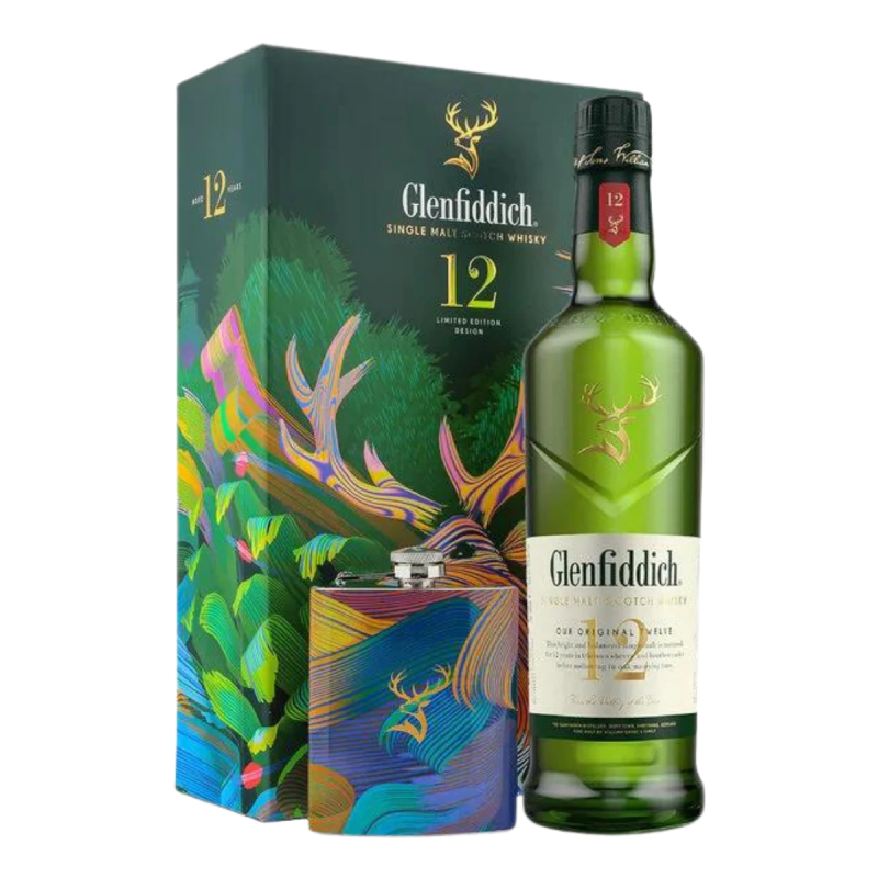 Glenfiddich 12YO 700 ml, alk. 40% - Whisky Szkocka Single Malt + Piersiówka + Pudełko